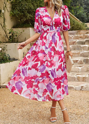 Printed Puff Sleeve Midi Dress - MimiStylez