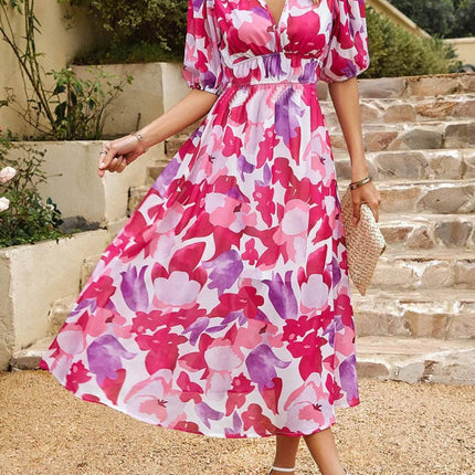 Printed Puff Sleeve Midi Dress - MimiStylez