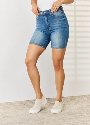 Judy Blue Full Size Tummy Control Double Button Bermuda Denim Shorts - MimiStylez