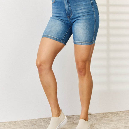 Judy Blue Full Size Tummy Control Double Button Bermuda Denim Shorts - MimiStylez