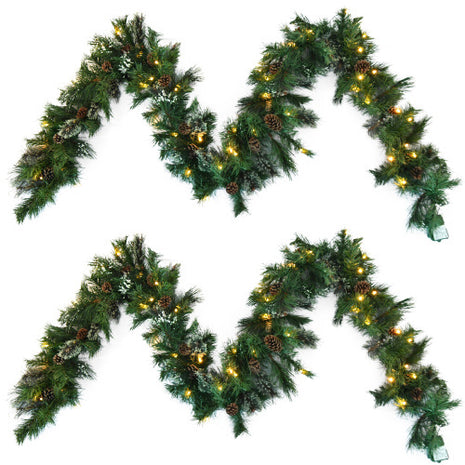 9FT Christmas Garland With 20 Pine Cones And 50 Warm White LED Lights
