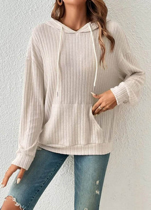 Ribbed Dropped Shoulder Drawstring Hoodie - MimiStylez