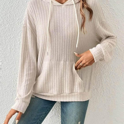 Ribbed Dropped Shoulder Drawstring Hoodie - MimiStylez