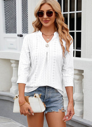 Eyelet Notched Knit Jacquard Top - MimiStylez