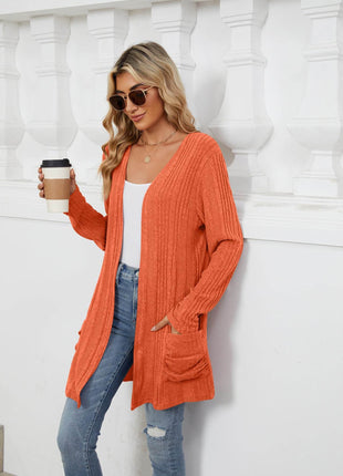 Pocketed Open Front Long Sleeve Cardigan - MimiStylez
