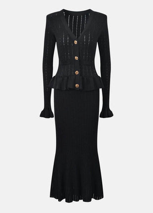 Ruffled V-Neck Top and Midi Skirt Sweater Set - MimiStylez