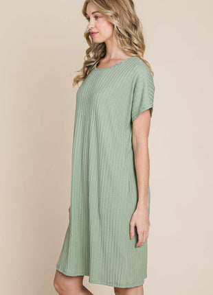 BOMBOM Ribbed Round Neck Short Sleeve Dress - MimiStylez
