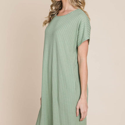 BOMBOM Ribbed Round Neck Short Sleeve Dress - MimiStylez