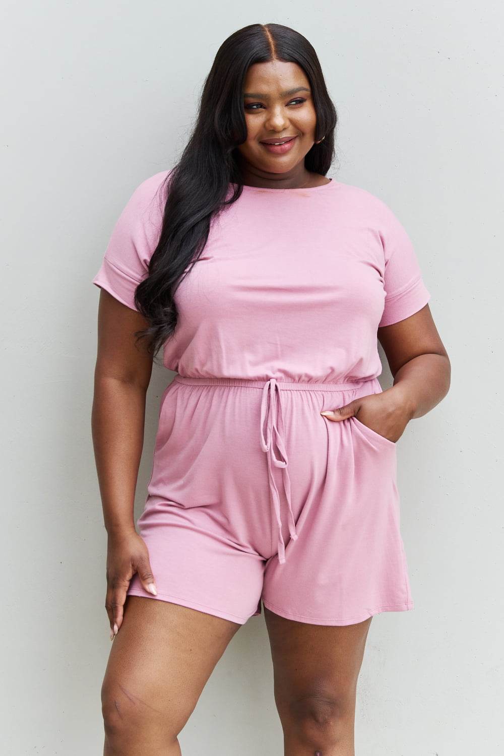 Zenana Chilled Out Full Size Short Sleeve Romper in Light Carnation Pink - MimiStylez