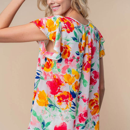 White Birch Full Size Short Sleeve Floral Woven Top - MimiStylez