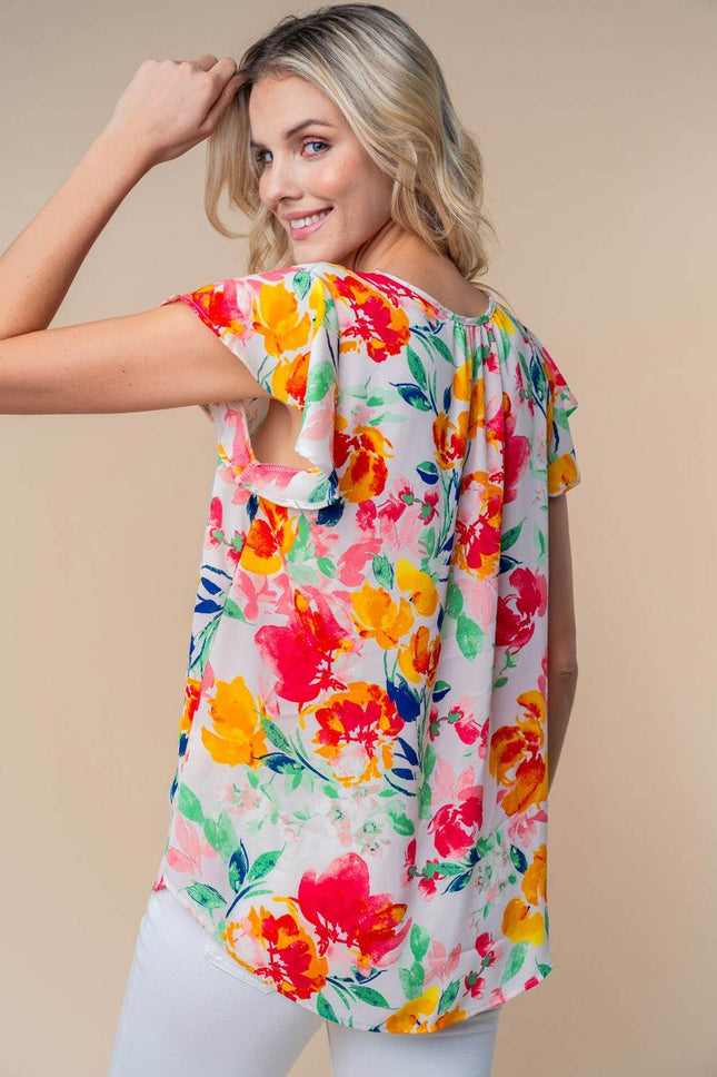 White Birch Full Size Short Sleeve Floral Woven Top - MimiStylez