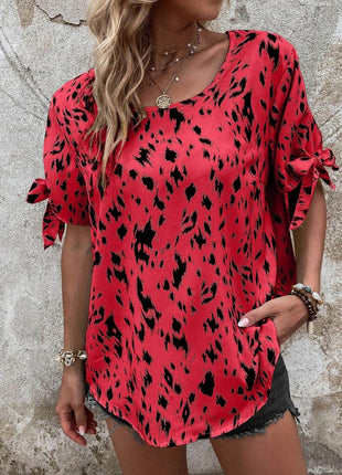 Tied Printed Boat Neck Blouse - MimiStylez