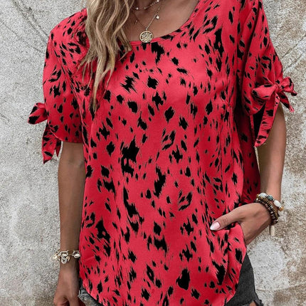 Tied Printed Boat Neck Blouse - MimiStylez