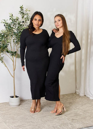 Culture Code Full Size Ribbed Long Sleeve Midi Slit Dress - MimiStylez