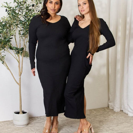 Culture Code Full Size Ribbed Long Sleeve Midi Slit Dress - MimiStylez