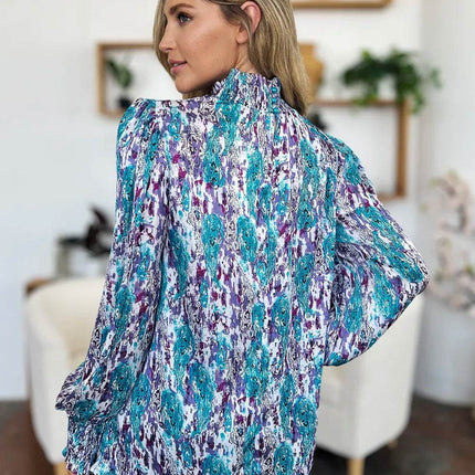 Double Take Full Size Printed Smocked Long Sleeve Blouse - MimiStylez