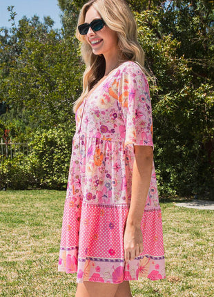 Floral Polka Dot Buttoned Mini Dress - MimiStylez