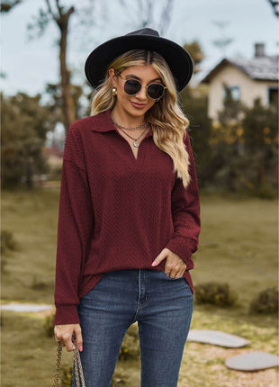 Collared Neck Cable-Knit Long Sleeve Blouse - MimiStylez