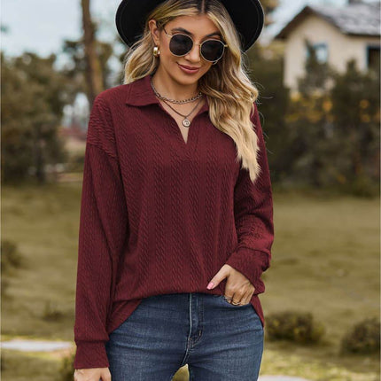 Collared Neck Cable-Knit Long Sleeve Blouse - MimiStylez