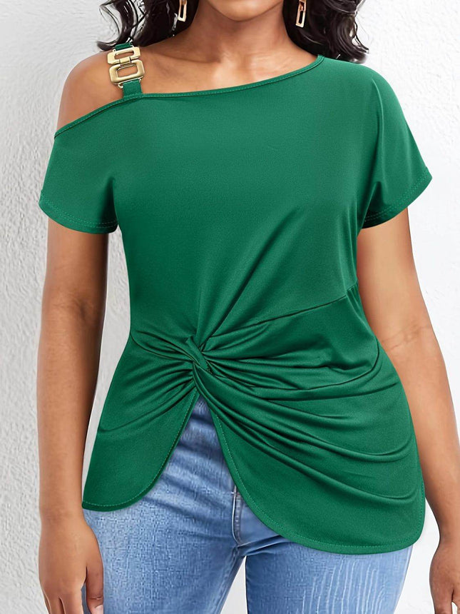 Plus Size Twisted Asymmetrical Neck Short Sleeve T-Shirt - MimiStylez