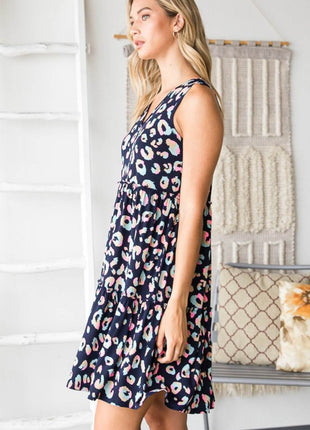 Heimish Full Size Leopard V-Neck Ruffled Tank Dress - MimiStylez