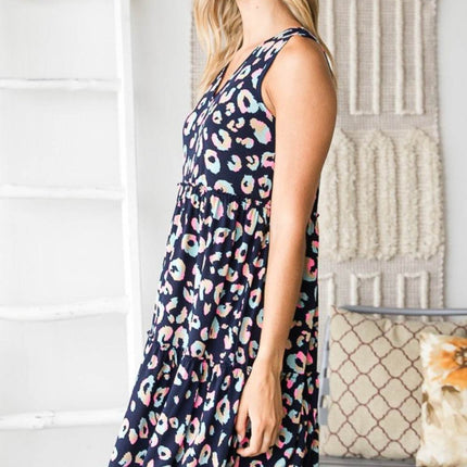 Heimish Full Size Leopard V-Neck Ruffled Tank Dress - MimiStylez