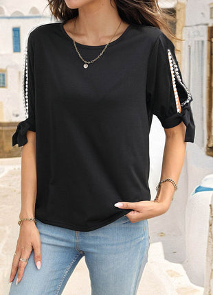 Round Neck Split Sleeve Blouse - MimiStylez