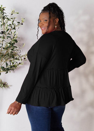 Double Take Half Button Long Sleeve Ruffle Hem Blouse - MimiStylez