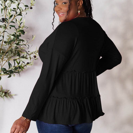 Double Take Half Button Long Sleeve Ruffle Hem Blouse - MimiStylez