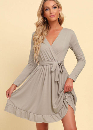 Long Sleeve Tie Waist Ruffle Hem Dress - MimiStylez