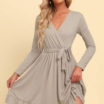 Long Sleeve Tie Waist Ruffle Hem Dress - MimiStylez