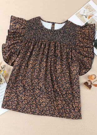 Plus Size Printed Smocked Butterfly Sleeve Blouse - MimiStylez