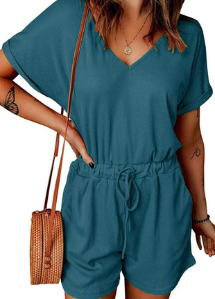 Full Size Drawstring V-Neck Short Sleeve Romper - MimiStylez