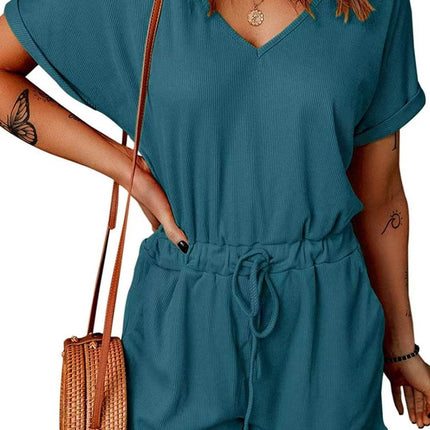 Full Size Drawstring V-Neck Short Sleeve Romper - MimiStylez