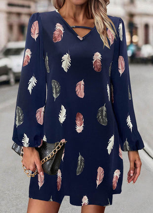Feather Print V-Neck Dress - MimiStylez