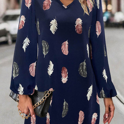 Feather Print V-Neck Dress - MimiStylez
