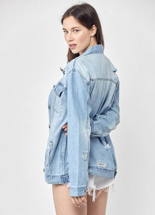 RISEN Full Size Distressed Long Sleeve Denim Jacket - MimiStylez