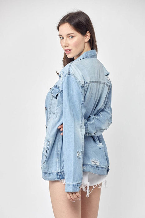 RISEN Full Size Distressed Long Sleeve Denim Jacket - MimiStylez