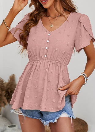Swiss Dot Buttoned Petal Sleeve Peplum Blouse - MimiStylez