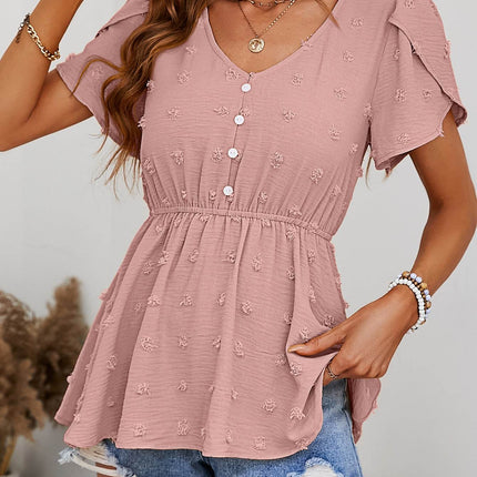 Swiss Dot Buttoned Petal Sleeve Peplum Blouse - MimiStylez
