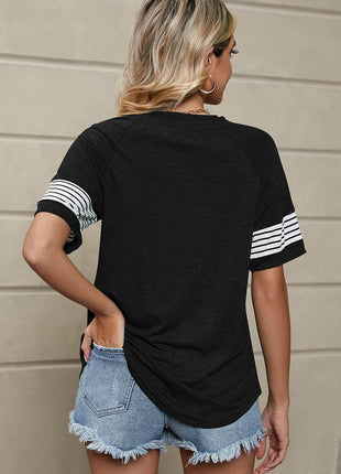 Striped Round Neck Short Sleeve T-Shirt - MimiStylez