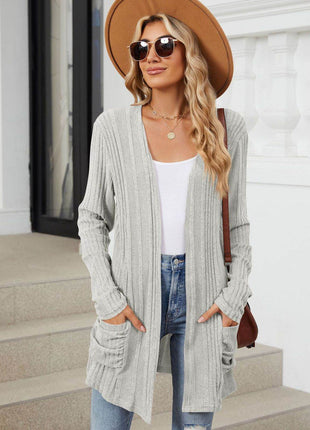 Pocketed Open Front Long Sleeve Cardigan - MimiStylez