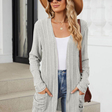 Pocketed Open Front Long Sleeve Cardigan - MimiStylez