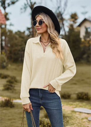 Collared Neck Cable-Knit Long Sleeve Blouse - MimiStylez