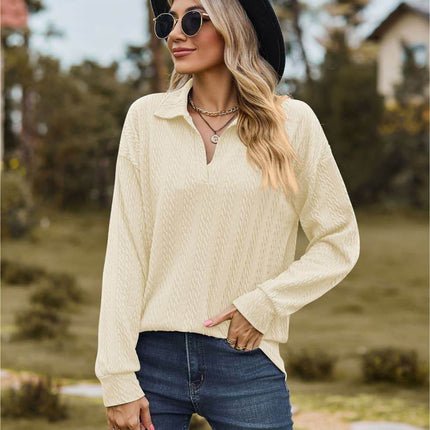 Collared Neck Cable-Knit Long Sleeve Blouse - MimiStylez
