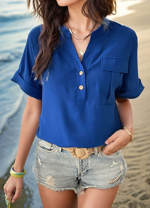 Buttoned Notched Short Sleeve Blouse - MimiStylez