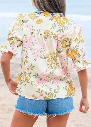 Multicolour Crochet V Neck Half Sleeve Boho Floral Blouse - MimiStylez