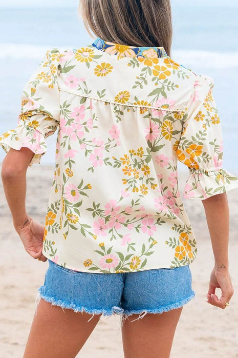 Multicolour Crochet V Neck Half Sleeve Boho Floral Blouse - MimiStylez