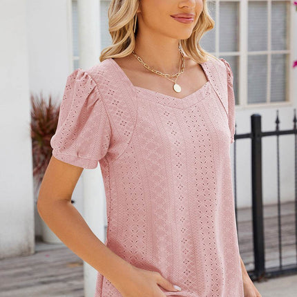 Eyelet Puff Sleeve T-Shirt - MimiStylez