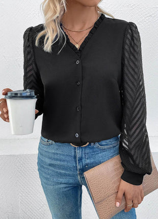 Mesh V-Neck Button Front Blouse - MimiStylez